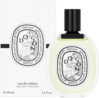 Diptyque Do Son woda toaletowa, butelka 100ml z owalnym logo, obok białe opakowanie, na czarnym tle.