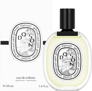 Diptyque Do Son woda toaletowa, butelka 100ml z owalną etykietą, obok białe pudełko, widok z przodu.