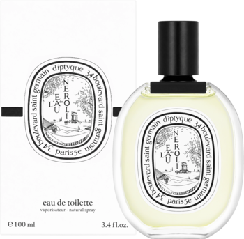Diptyque L'Eau de Néroli, flakon perfum z żółtym płynem i białe pudełko, widok z przodu na czarnym tle.