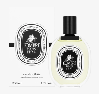 Diptyque L'Ombre Dans L'Eau 50ml EDT. Przezroczysta butelka z owalnym logo, czarny korek i białe pudełko. Widok z przodu.