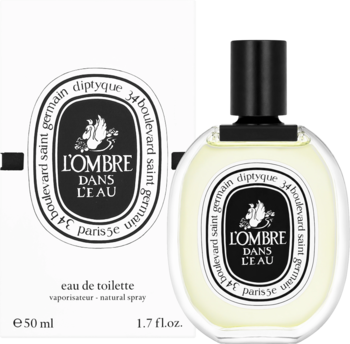 Białe pudełko i szklana butelka Diptyque L'Ombre Dans L'Eau woda toaletowa 50ml, z owalną etykietą, na czarnym tle.