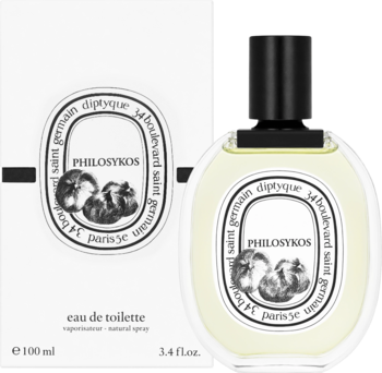Diptyque Philosykos woda toaletowa, butelka 100ml z czarnym korkiem obok białego kartonu. Zapach figi.
