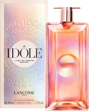 Lancome Idole Nectar woda perfumowana, flakon gradientowy różowo-pomarańczowy obok iryzującego pudełka, białe tło.