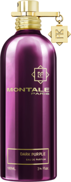 Montale Dark Purple Eau de Parfum, 100ml. Ciemnofioletowa, metaliczna butelka ze złotym korkiem i zawieszką, widok z przodu.