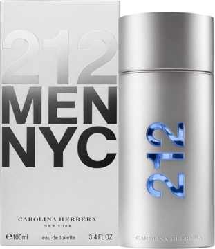 Carolina Herrera 212 Men NYC Eau de Toilette, butelka i pudełko. Srebrne, metaliczne opakowanie z niebieskim "212".