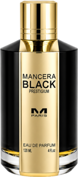 Czarna butelka perfum Mancera Black Prestigium Eau de Parfum 120 ml ze złotą etykietą i nakrętką, widok z przodu.