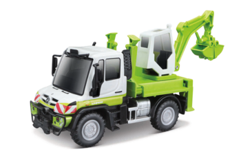 Zabawkowy samochód ciężarowy typu Unimog z biało-zieloną kabiną i ramieniem koparki, widok z boku.