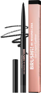 Czarny eyeliner w kredce Brush! by Maxineczka, z wysuniętym cienkim rysikiem, obok jego różowego opakowania.