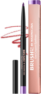 Fioletowy eyeliner w kredce Brush Up! by Maxineczka, obok różowe pudełko i próbka koloru.