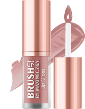 Błyszczyk do ust Brush Up! by Maxineczka, odcień nude, w tubce z różowo-złotą nakrętką, z otwartym aplikatorem.