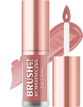 Błyszczyk do ust Brush Up! by Maxineczka w tubce nude z różowo-złotą nakrętką, otwarty z aplikatorem.