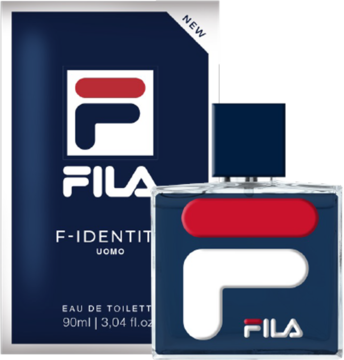 Fila F-Identity Uomo woda toaletowa, ciemnoniebieska butelka i pudełko z dużym czerwono-białym logo.