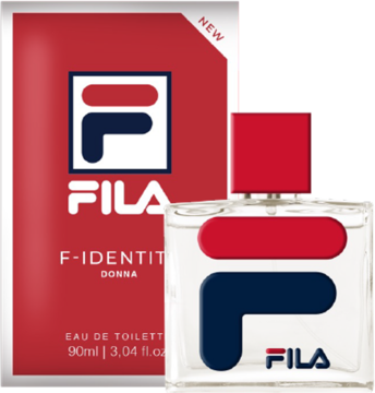 Fila F-Identity Donna woda toaletowa. Szklana butelka z czerwonym korkiem i czerwono-niebieskim logo obok czerwonego pudełka.