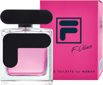 Fila F-Vibes damska woda toaletowa kwiatowo-cytrusowa, różowy flakon i pudełko z czarnym logo, widok z przodu.