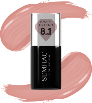 Semilac Smart Extend 8.1 UV Gel Polish 801, czarna butelka ze srebrno-różową nakrętką na tle smug lakieru.