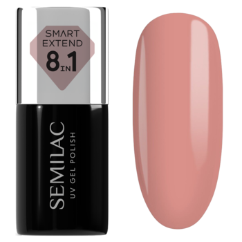 Semilac Smart Extend 8w1 lakier hybrydowy nr 801, czarna butelka i połyskliwy wzornik w odcieniu nude różu.