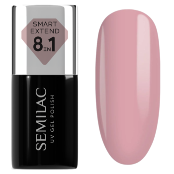 Lakier Semilac Smart Extend 8.1 IN 802 w czarnej butelce obok owalnego, jasnoróżowego wzornika.
