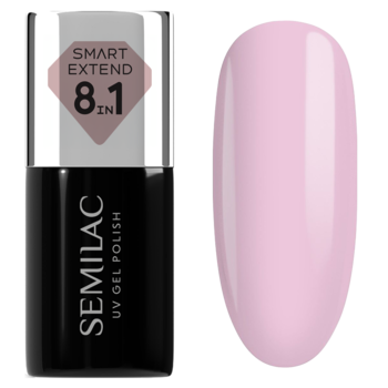 Semilac Smart Extend 8.1 IN, multifunkcyjny lakier hybrydowy 803, czarna butelka i jasnoróżowy wzornik koloru. Widok z przodu.