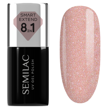 Wielofunkcyjny lakier Semilac Smart Extend 804, butelka i wzornik brokatowego jasnego różu, widok z przodu.