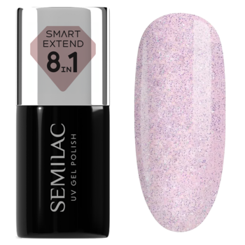 Lakier hybrydowy Semilac Smart Extend 806, butelka i wzornik pastelowego różu z brokatem.