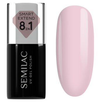 Czarny lakier hybrydowy Semilac Smart Extend 809 z etykietą 8.1 IN i próbnik jasnoróżowego, błyszczącego koloru.