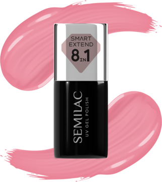 Semilac Smart Extend 8in1 lakier UV Gel Polish w czarnej butelce z srebrną nakrętką na różowym tle.