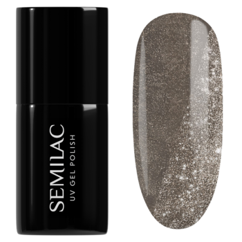 Semilac 657 Balance, butelka lakieru hybrydowego i wzornik kryjącego taupe z brokatem, widok z przodu.