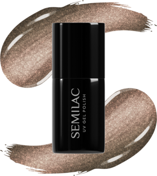 Lakier hybrydowy Semilac 488 The Chic One w czarnej butelce, brokatowy taupe, efekt Velvet Nails, widok z przodu.