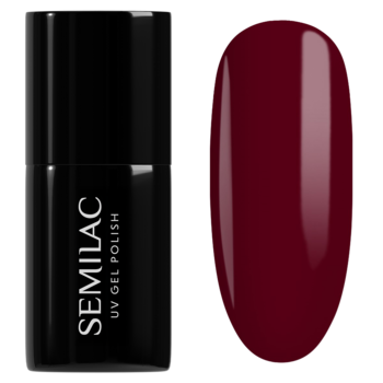 Burgundowy lakier hybrydowy Semilac 404 Black Beans Muffin w czarnej butelce, obok błyszcząca próbka koloru.