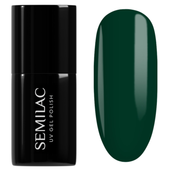 Butelka Semilac UV Gel Polish 309 Pine Green i wzornik koloru. Głęboki ciemnozielony lakier o błyszczącym wykończeniu.