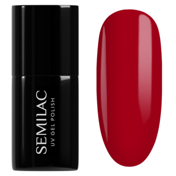 Czerwony lakier hybrydowy Semilac Spiced Apple: butelka z lewej, obok błyszczący czerwony swatch na paznokciu.