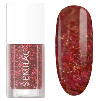 Czerwony brokatowy lakier do paznokci Semilac, butelka i swatch ukazujący błyszczące, intensywne drobinki.