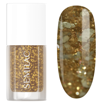 Złoty lakier Semilac Flakes of Gold w butelce i na wzorniku. Błyszcząca formuła z metalicznymi drobinkami i dużymi płatkami.