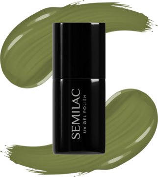 Czarna butelka lakieru Semilac UV Gel Polish w kolorze oliwkowej zieleni. Widok z przodu, na rozmazanej próbce koloru.