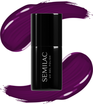Czarny lakier hybrydowy Semilac UV Gel Polish w butelce, widok z przodu na ciemnofioletowym tle pociągnięć.