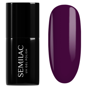 SEMILAC UV gel polish 029 Burgundy, ciemny fiolet, butelka z czarną etykietą i błyszczący wzornik paznokcia.