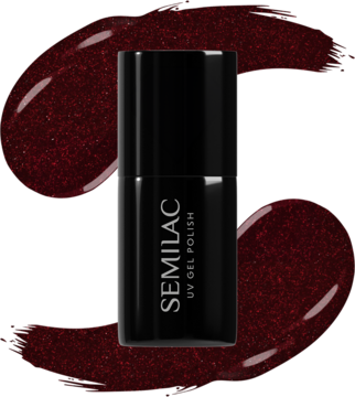 Lakier Semilac 393 Sparkling Black Cherry w czarnej buteleczce, lśniący ciemnowiśniowy brokat w tle.