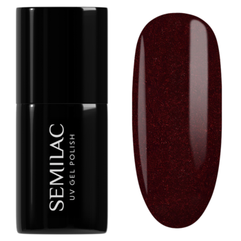 Semilac UV gel polish 393 Sparkling Black Cherry: czarna butelka i swatch ciemnowiśniowego, brokatowego lakieru.