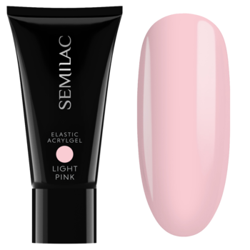Semilac Elastic Acrylgel Light Pink w czarnej tubce obok różowego, półprzezroczystego wzornika na paznokcie.