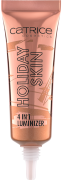 Catrice Holiday Skin 4 w 1 rozświetlacz/bronzer w brązowej tubce, przodem, z otwartą końcówką aplikatora.