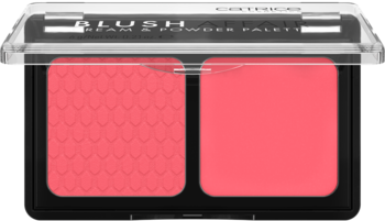 Paleta Catrice Blush Affair 020 Pleasing Pink, kremowy i pudrowy róż w otwartym etui, widok z góry.