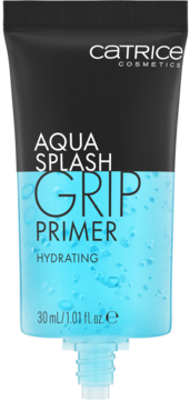 Czarno-niebieska tubka Catrice Aqua Splash Grip Primer, nawilżająca baza do makijażu z widoczną żelową formułą.