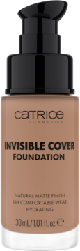 Matowy podkład Catrice Invisible Cover, beżowy, 30ml, w szklanej butelce z czarną pompką, widok z przodu.