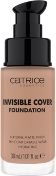 Matujący podkład Catrice Invisible Cover Foundation w beżowej butelce z pompką, zapewniający nawilżenie.