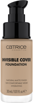 Beżowy podkład Catrice Invisible Cover Foundation w szklanej butelce z czarną pompką, widok z przodu.