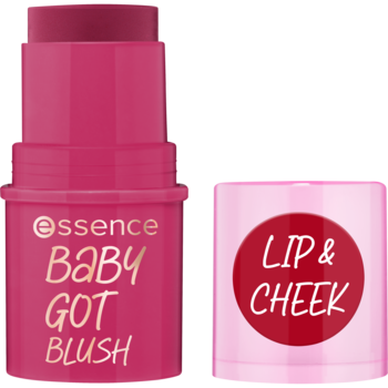 Róż w sztyfcie Essence Baby Got Blush Cherry Baby, otwarty z nakrętką obok z napisem LIP & CHEEK.