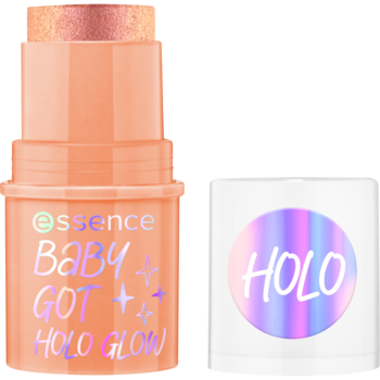 Essence Baby Got Holo Glow, brzoskwiniowy rozświetlacz w sztyfcie, z holograficznym blaskiem, częściowo wysunięty, widok z przodu.