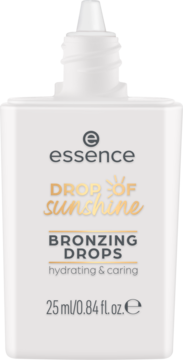 Biała butelka Essence Drop of Sunshine Bronzing Drops 25ml z białym kroplomierzem, widok z przodu, złote litery.