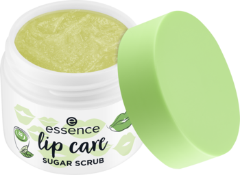 Otwarty zielony peeling do ust Essence Sugar Scrub matcha w białym słoiczku, widoczna tekstura i zielona nakrętka obok.