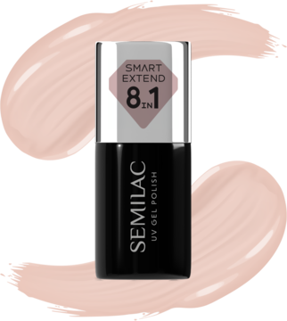 Nude lakier hybrydowy Semilac Smart Extend 8.1in1 w czarnej butelce, widok z przodu na różowym tle.